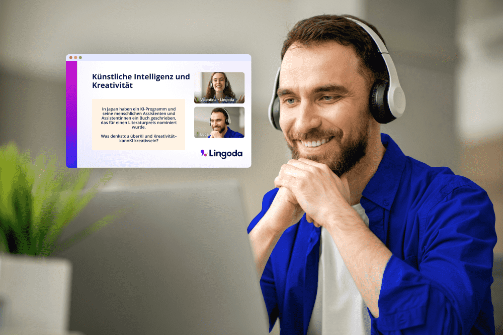 Man with headphones at his laptop learning German with a Lingoda B2 class