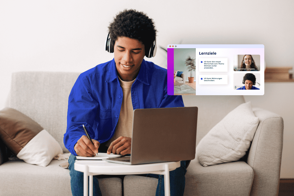 Man taking notes while in a German A1 course with Lingoda