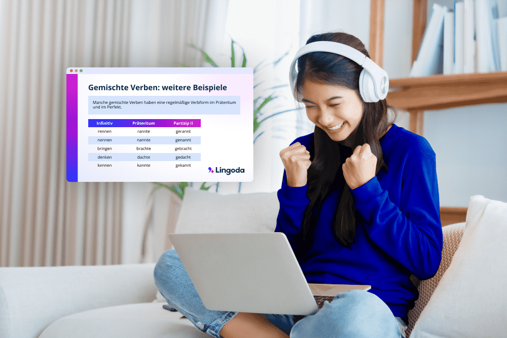 Happy young woman with headphones and laptop taking a German B1 course with Lingoda