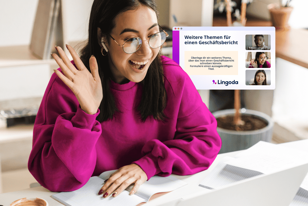 Woman at her laptop taking a C1 German class with Lingoda